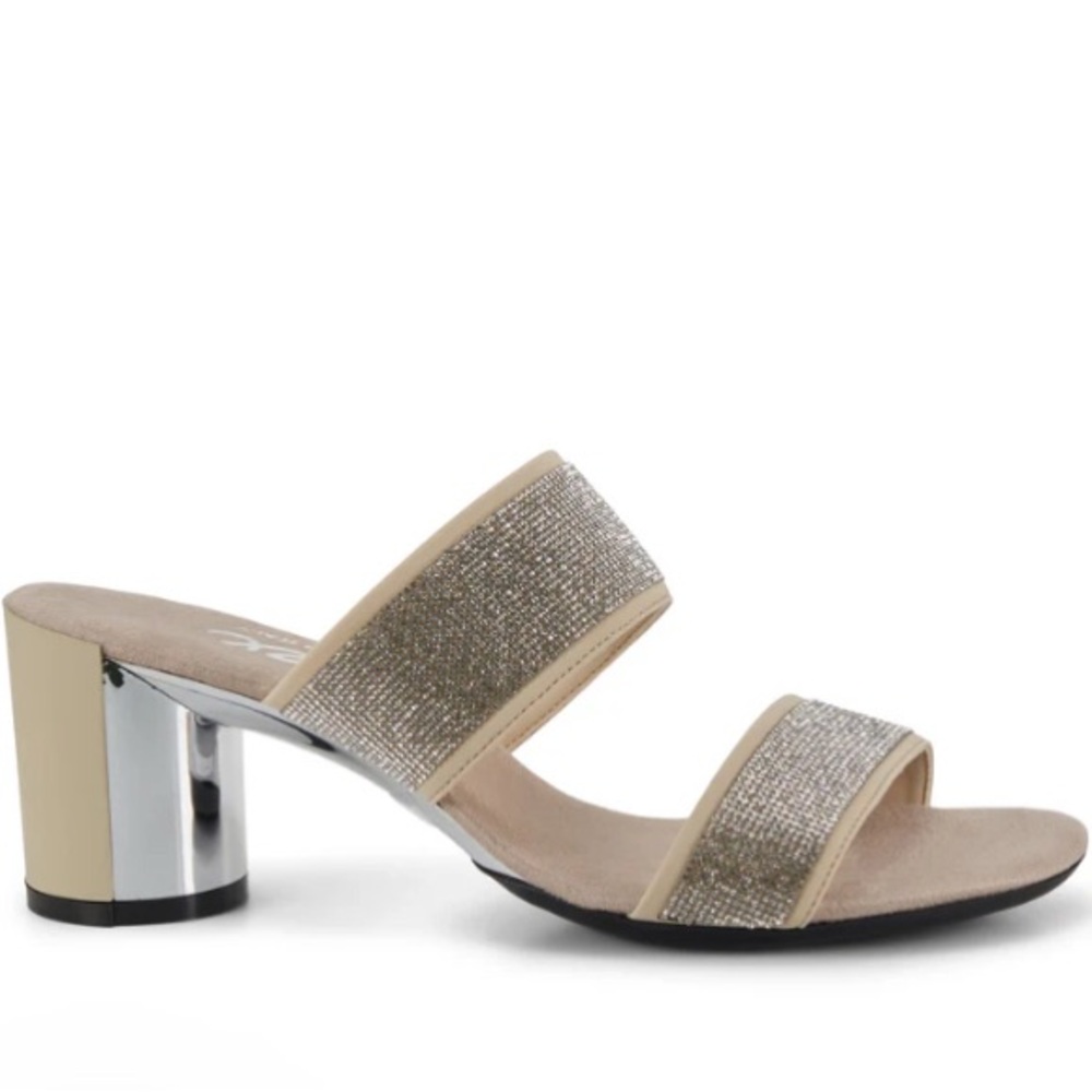 Onex Hanna Beige Metallic Two-Band Rhinestone Slide Heel for Women size 6 NEW